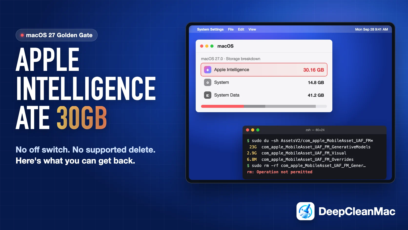 Apple Intelligence storage on macOS 27 - the macOS storage breakdown showing Apple Intelligence using 30.16 GB, and a Terminal window where du reports 23G of GenerativeModels and 2.9G of Visual models while sudo rm -rf fails with Operation not permitted