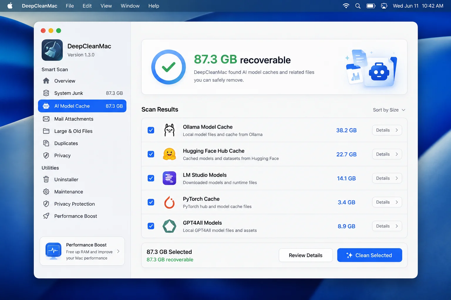 DeepCleanMac app showing 87.3 GB recoverable AI model cache with scan results for Ollama, Hugging Face Hub, LM Studio, PyTorch, and GPT4All models