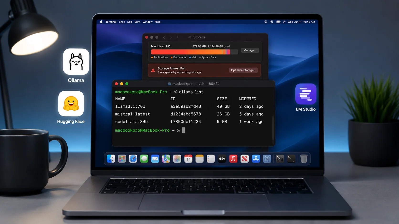 Clean Up Local AI Models on Mac - DeepCleanMac guide showing Terminal with ollama list output and macOS storage almost full warning on a MacBook