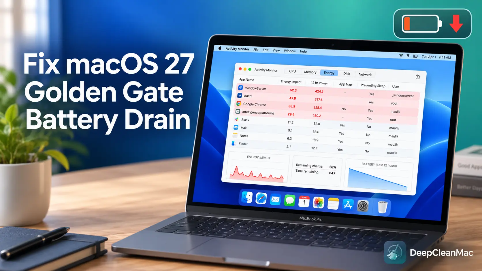 Fix macOS 27 Golden Gate battery drain - MacBook Pro showing Activity Monitor's Energy tab with WindowServer, dasd, and intelligenceplatformd using the most energy