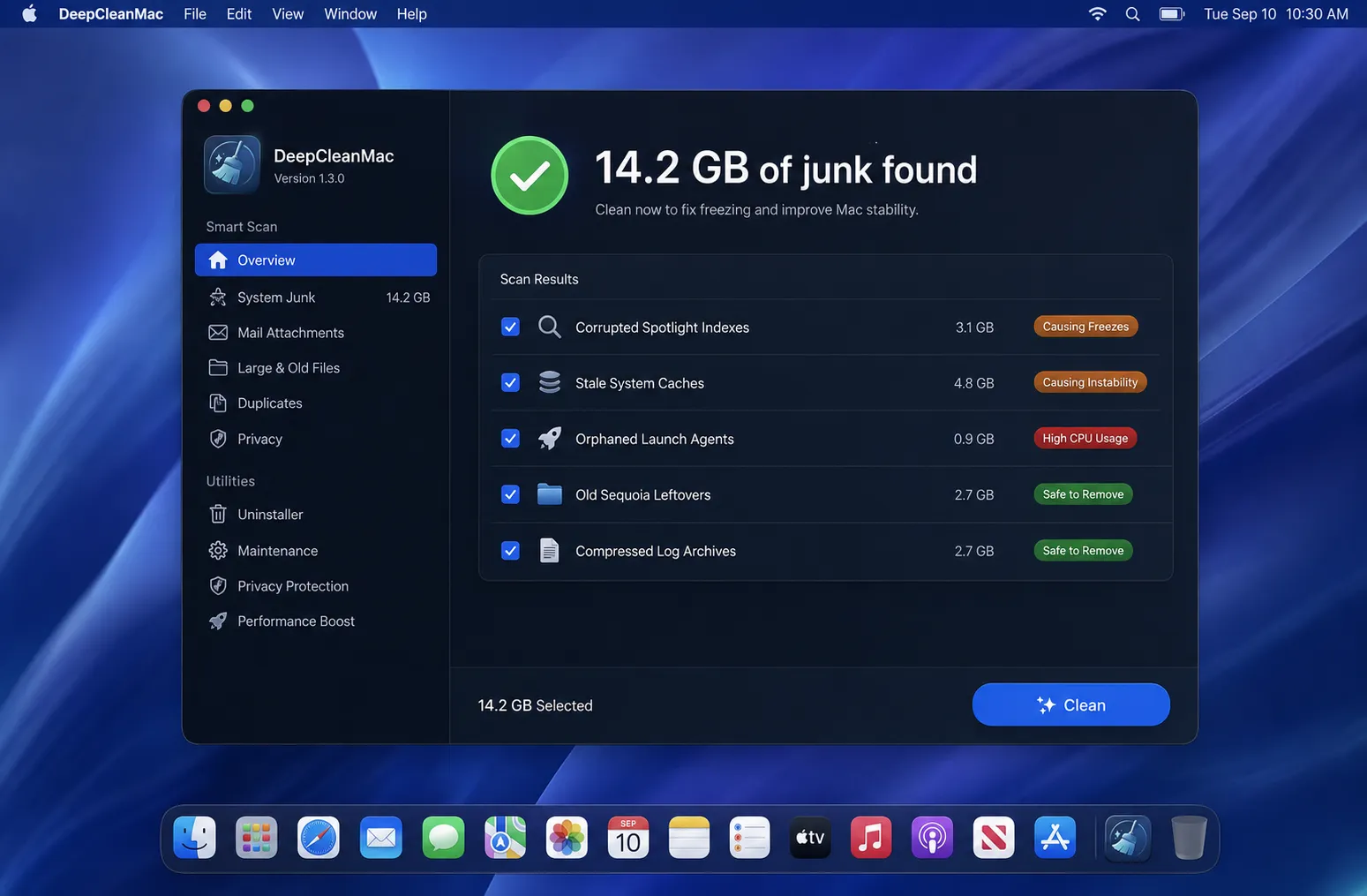 DeepCleanMac app showing system cleanup results with corrupted caches and orphaned files highlighted for better Mac stability
