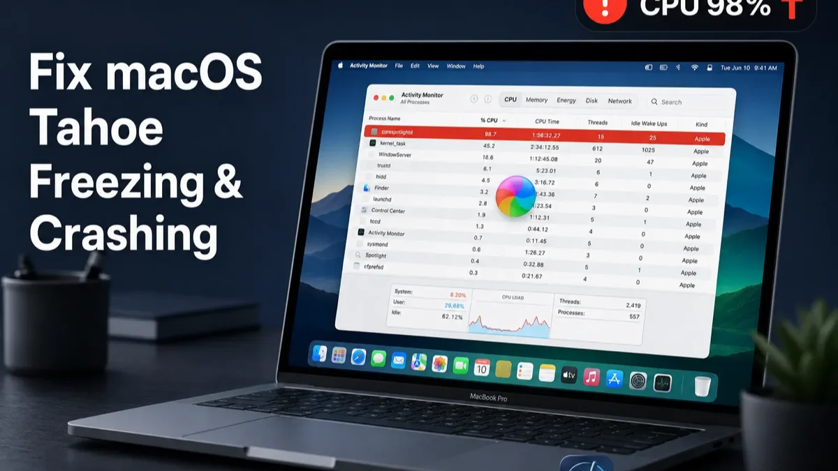 Fix macOS Tahoe Freezing and Crashing - DeepCleanMac guide showing Activity Monitor with corespotlightd high CPU usage on a MacBook