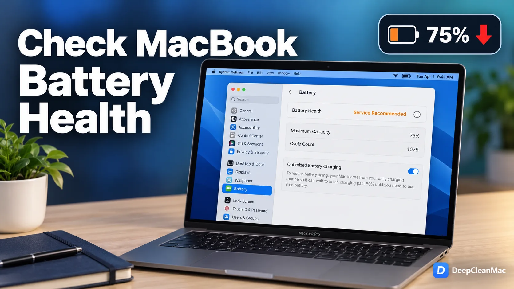 How to check battery health on MacBook - System Settings Battery pane showing Service Recommended condition, 75% maximum capacity, and 1075 cycles