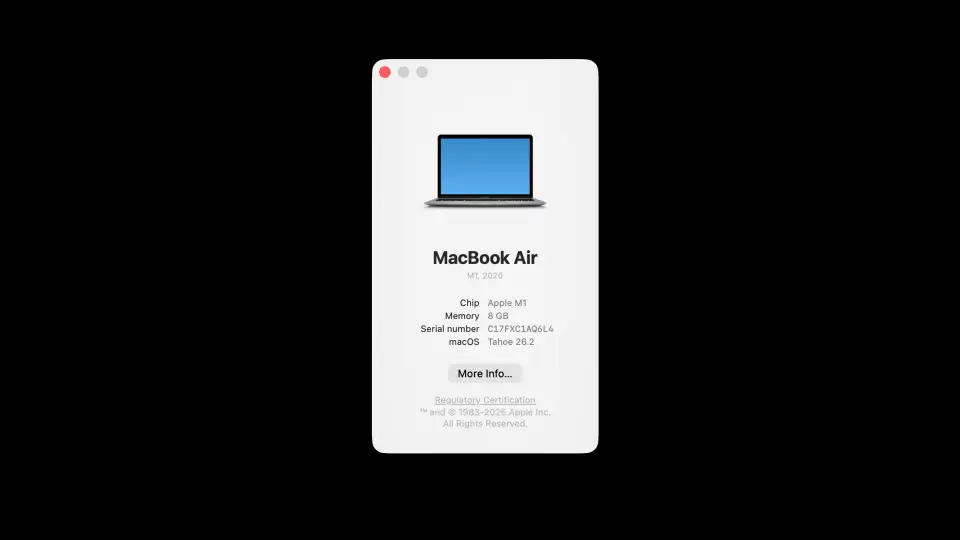 About This Mac window on macOS showing Mac model, chip, memory, serial number, and More Info button