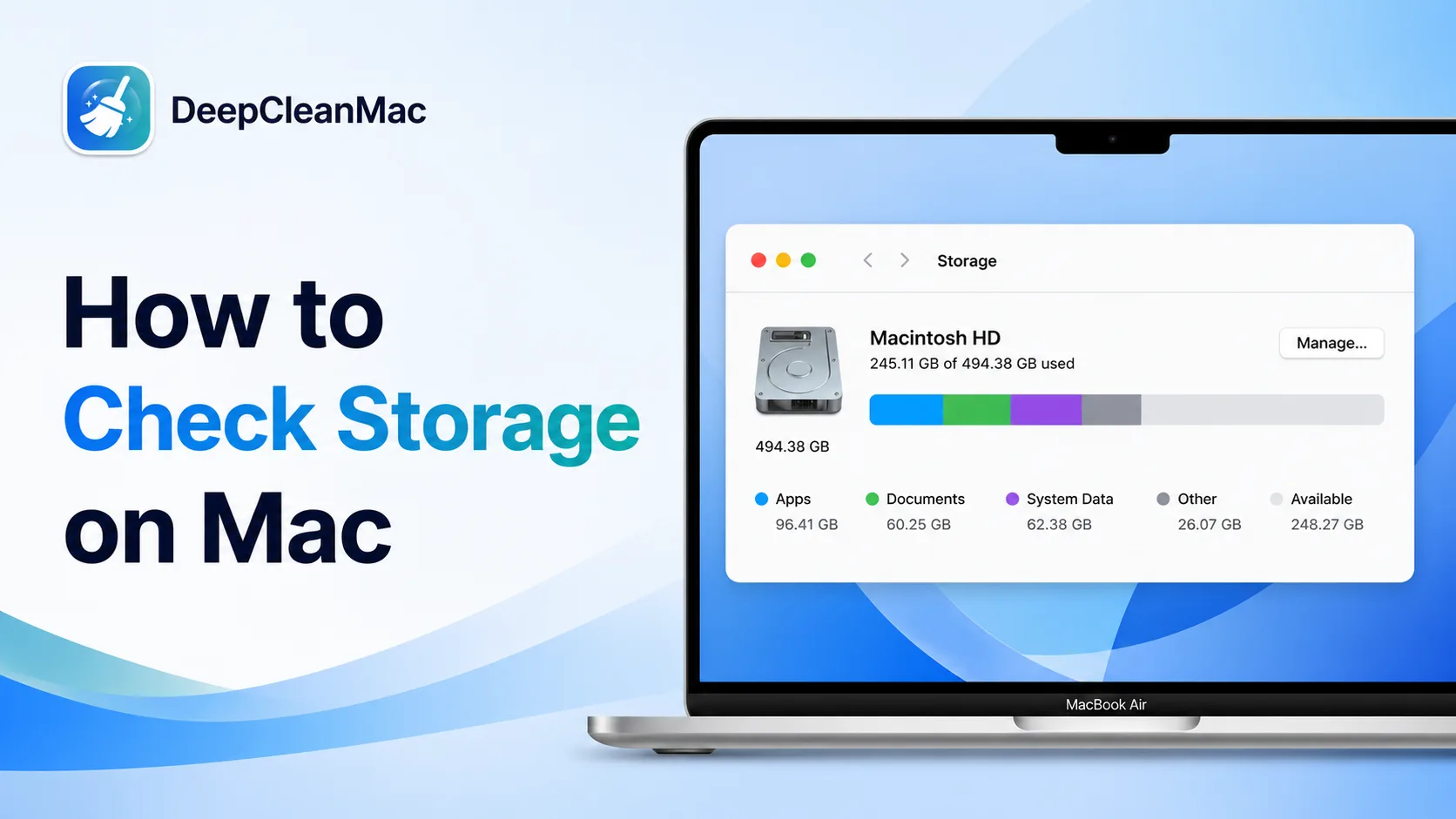 How to Check Storage on Mac - DeepCleanMac guide showing macOS storage breakdown with color-coded categories