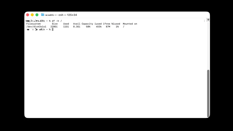 Terminal window on Mac showing the output of df -h command with disk size, used space, and available storage