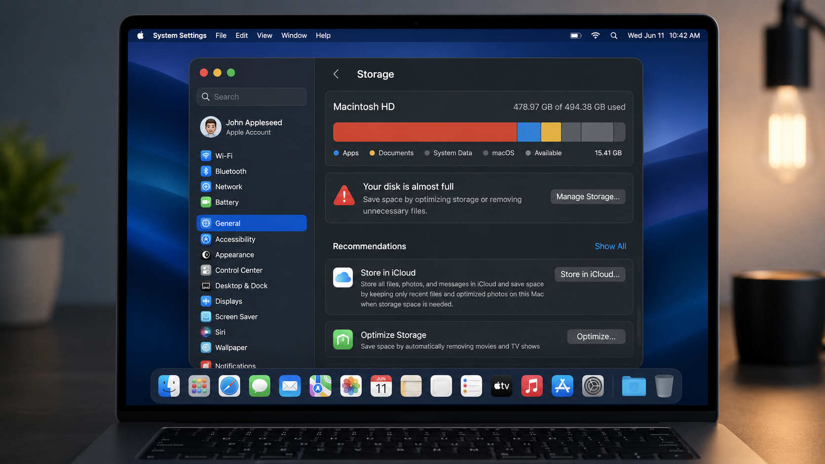 How to Free Up Space on Mac - DeepCleanMac guide showing macOS System Settings Storage panel with disk almost full warning on a MacBook