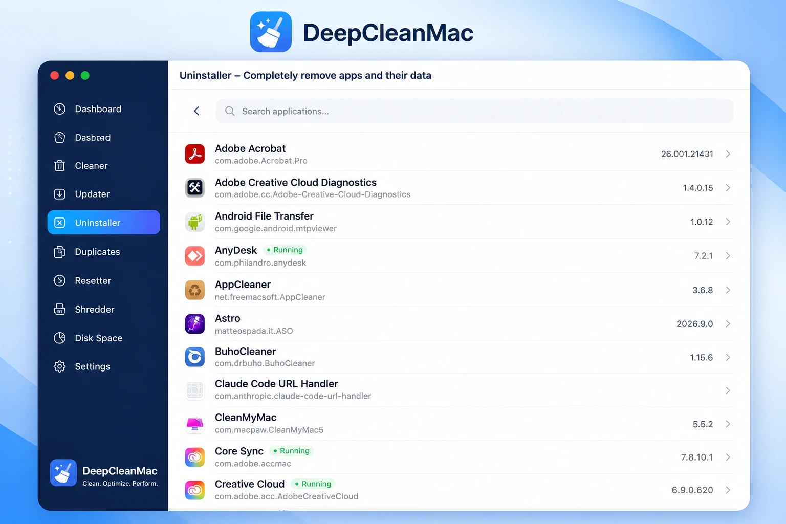DeepCleanMac Uninstaller feature showing a list of installed apps with complete removal option for all associated data