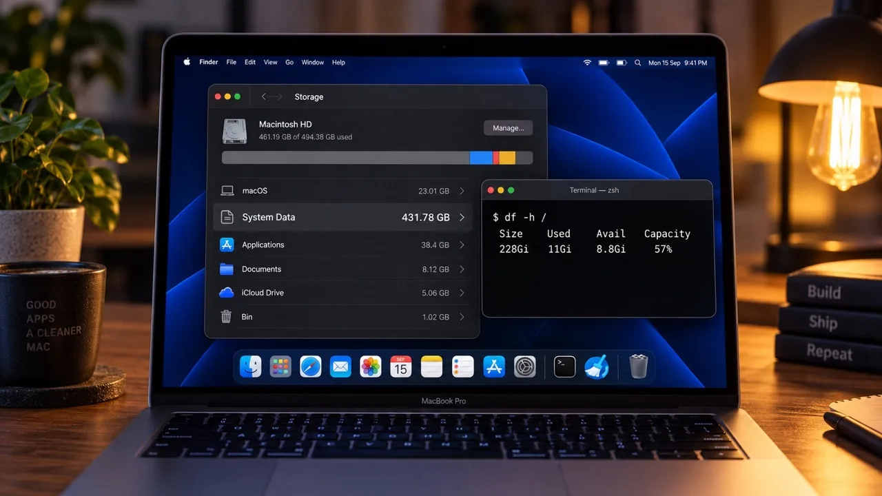 Mac storage full after the macOS 27 Golden Gate update - System Settings Storage showing System Data at 431.78 GB beside a Terminal window where df -h reports only 8.8Gi actually available