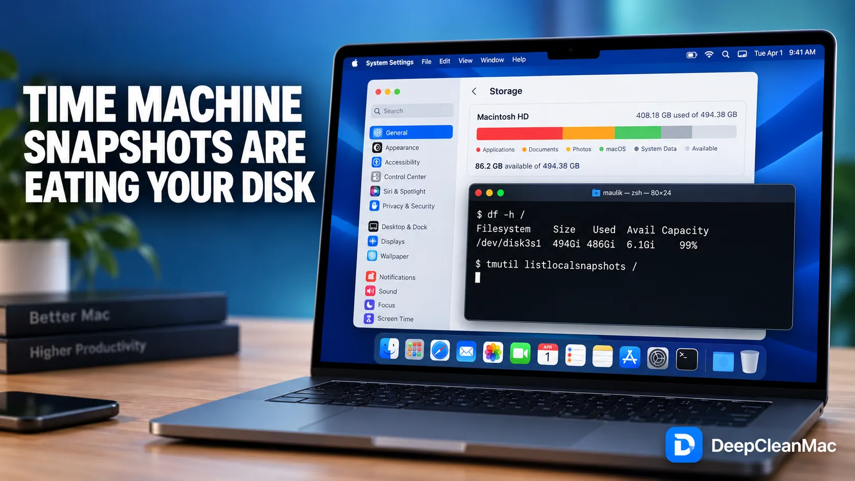 Time Machine local snapshots eating disk space on a Mac - System Settings Storage reporting 86.2 GB available of 494.38 GB while a Terminal window running df -h shows only 6.1Gi free at 99% capacity