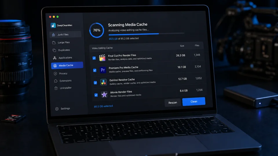 DeepCleanMac clearing Final Cut Pro cache, Premiere Pro media cache, and DaVinci Resolve render files on a video editor's Mac